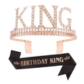 Couronne KING or rose avec strass et écharpe noire BIRTHDAY KING pour hommes - Style peigne Or rose strass blanc + Tissu pailleté noir texte or rose
