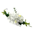 Bohemian white silk floral hair comb with green leaves and silver metal pin base - FS36-3 White