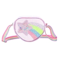 Close-up of glittery heart-shaped bag with rainbow strap and sparkling star details - Pink