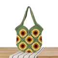 Handmade green crochet tote bag with vivid sunflower patterns and wide knit handle - Green