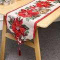 Dettaglio del runner natalizio con motivi a stella di Natale, pigne e nappe rosse eleganti - Stella di Natale Beige
