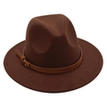 Detail of dark brown wool fedora with synthetic leather belt buckle and wide brim - M (56-58cm) / Coffee (Yellow Rope)