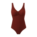Maillot de bain une pièce rouge foncé texturé avec col en V et détails froncés - Rouge Brique