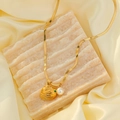 Gold-plated flat snake chain necklace with colorful zircon beehive pendant and white pearl - N2073-GO Necklace/Bee Pendant/Pearl / Gold