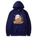 Dark blue Halloween hoodie featuring a ghost in a pumpkin cup with autumn leaves print - S / Navy Blue