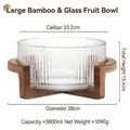 Coupe à fruits en verre à rayures verticales, capacité 3800ml avec socle en bambou - Saladier Nervuré Avec Support en Bambou (Grand)