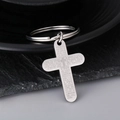 Silver stainless steel cross keychain with Spanish prayer engraving on black stone - Spanish Scripture Cross
