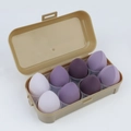 Set of 8 purple gradient makeup sponges in a plastic storage box with transparent tray - 8-Grid Colored Box Purple Series
