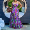 Summer bohemian floral maxi dress with backless halter design and tiered skirt for vacation - S / Dresses / Purple Tie Dye
