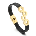 Bracciale in pelle nera intrecciata con fibbia dorata a motivo esagonale a nido d'ape - 19cm / Oro