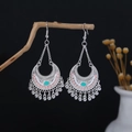 Bohemian silver drop earrings with pink and green accents and metal tassels - Silver Pink Green Tassel Bead(E1065-7)