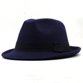 Close-up of a navy wool fedora hat featuring a classic black grosgrain ribbon band decoration - M (56-58cm) / Navy Blue