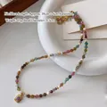 Tiger eye and mixed gemstone beaded necklace with purple pendant in gold finish - Square Pendant Tourmaline Necklace XL0738