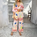 Women's bohemian vacation set with colorful geometric print shirt and wide-leg pants - S / White with Pink Flowers