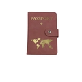 Close-up of pink PU leather passport holder with golden world map and secure snap closure - Small Airplane & Map Pattern / Pink