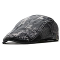 Berretto piatto retrò in denim grigio scuro con bordi sfrangiati e fibbia in metallo - 56-59cm / Nero