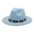 Detail of light blue wool fedora featuring a black leather belt and silver metal rivets - M (56-58cm) / Sky Blue