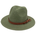 Sage green woven straw Panama hat with dark brown faux leather band and tassel detail - Army Green
