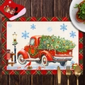 Close-up of a festive Christmas placemat with red truck and tree on a wooden table - CD30-13