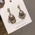 Silver crescent earrings with sparkling crystal tassels and rhinestones on a white card - Silver Crescent Rhinestone Crystal Tassel (5#)