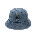 Close-up of a blue washed denim bucket hat featuring detailed teddy bear embroidery - M(56-58cm) / Blue