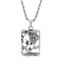 Silver rectangle pendant necklace with hollow flower and leaf design on twisted chain - Hollow Flower Rectangular Style (KP32840-D) / Silver