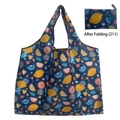 Navy blue foldable shopping bag with fruit patterns and compact folded view display - Navy Lemon and Fruit