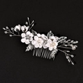 Detail of bridal hair comb with white fabric flowers, silver leaves, and crystal pearls - Large Hair Comb / Silver