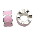 Pink enamel double heart beads in silver finish for DIY charm bracelet jewelry making - Pink Enamel Connected Hearts Large Hole Bead