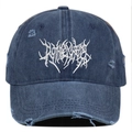 Distressed dark blue washed cotton baseball cap with white gothic embroidery and torn effect - Navy Blue