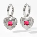 Silver stainless steel heart earrings with rose pink square gemstone and pleated texture - Platinum Pink (PDE819)