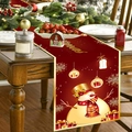 Chemin de table de Noël rouge avec motifs dorés de bonhomme de neige et Père Noël - 181x35.5cm / Bonhomme de Neige de Noël Doré
