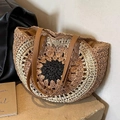 Straw woven tote bag with sunflower pattern and brown leather straps for summer beach - Black