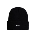 Close-up of KING embroidery on the cuff of a black ribbed knit beanie for winter - M (56-58cm) / Black