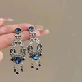 Detailed view of silver drop earrings with dark blue gemstones and fringe charms - 30# Silver Earring Post - Blue