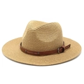 Detailed close-up of woven straw fedora hat with brown leather belt buckle detail - M (56-58cm) / Khaki