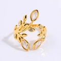 Gold leaf-shaped adjustable ring in titanium steel set with sparkling zircons - Floral White Stone Style (JZ26-6)