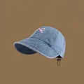 Light blue denim sun hat with pink embroidered bow and adjustable drawstring - Empty Top Hat Bowknot Design / Light Blue