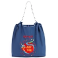 Bolso tote de nailon azul oscuro con bordado de serpiente y asas de cuerda trenzada - Bolsa de la Suerte de Serpiente Azul