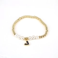 Detail of pearl beaded bracelet with gold beads and blue heart zircon charm pendant - Black