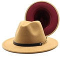Khaki wool fedora hat with contrast burgundy lining and black leather gold chain band - Camel & Wine Red