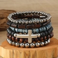 Bohemian multi-layer wooden bead bracelet set with silver cross pendant on wood base - Cross 6-piece Set