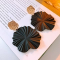 Vintage style square earrings with gold textured discs and black pleated petal drops - 16# Bohemian Statement Petal - Gold-Black