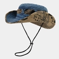 Distressed denim safari hat with map print brim and adjustable chin strap for outdoors - Blue