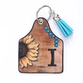 Western style faux leather sunflower keychain with blue tassel and letter I charm - Letter I