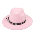 Detail of pink fedora with leather band featuring turquoise beads and silver metal studs - Pink