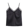 Eleganter schwarzer Satin-Camisole für Damen mit zarter Spitze und tiefem V-Ausschnitt - S / Schwarz