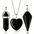 Set aus poliertem schwarzem Obsidian mit Herz-, Sechskantsäulen- und Rautenanhänger - 3er-Set Obsidian-Halskette