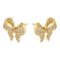 Elegant gold bow earrings set with sparkling zircon crystals on a clean white background - VE1275 Gold