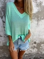 Minzgrünes hohl gestricktes Oberteil mit V-Ausschnitt für einen lässigen Damen-Stil - 3XL / Bohnengrün
